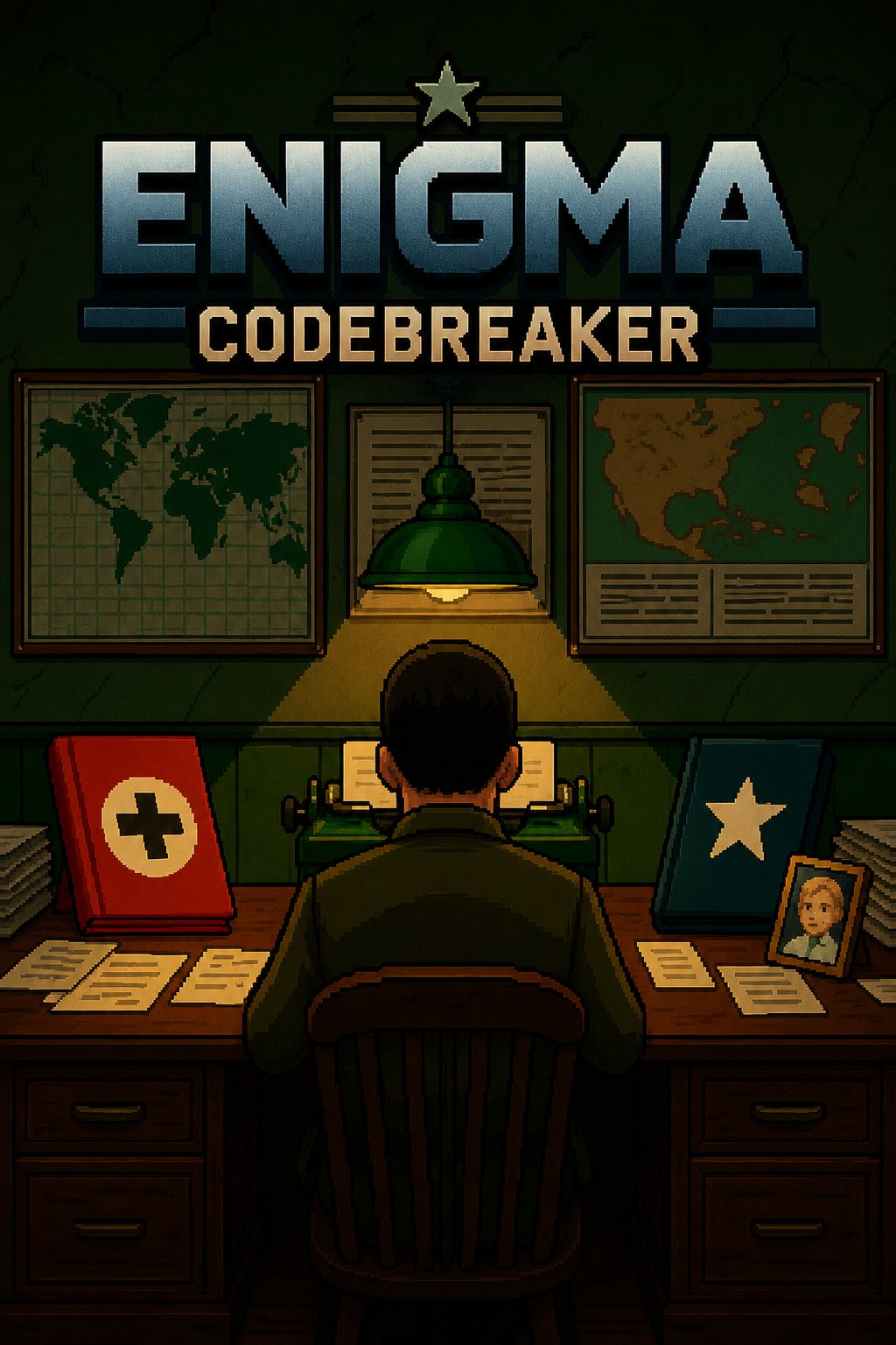 Enigma Codebreaker poster — a codebreaker at his desk between both sides of the war