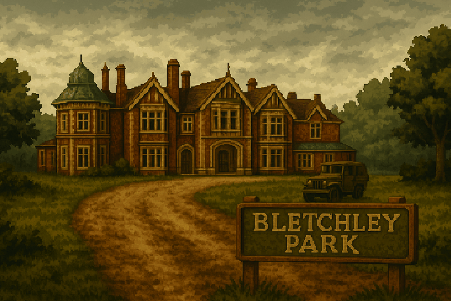Pixel art of the Bletchley Park mansion under a grey sky