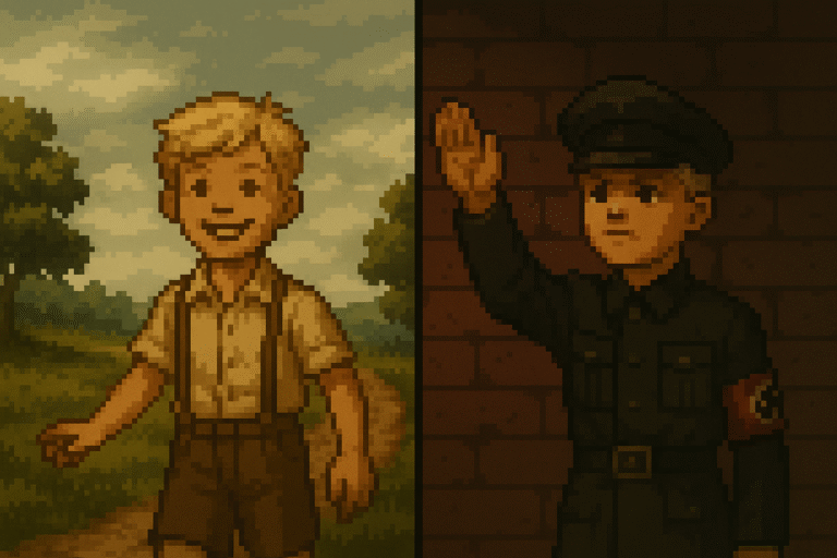 Pixel art of the same boy in two timelines — a summer field, and a uniform