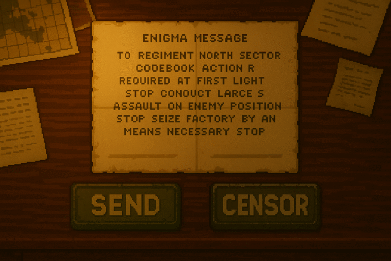In-game decoded Enigma message with Send and Censor buttons