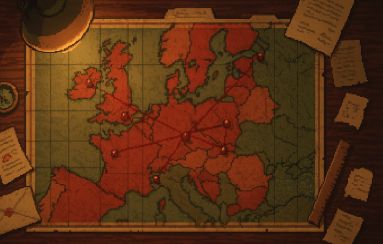 Pixel art war map of Europe with pins and red thread